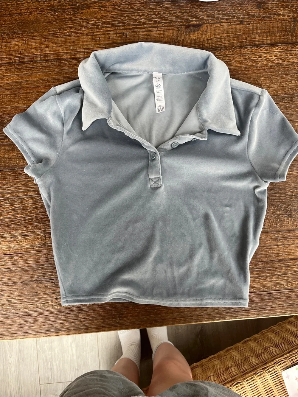 ALO Light Blue Velour Polo Crop Top